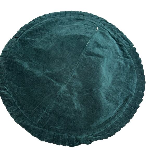 Floral Needlepoint Pillows 2 Round Ruffle Green Velvet Decorative MCM Granny 20" - Picture 9 of 12